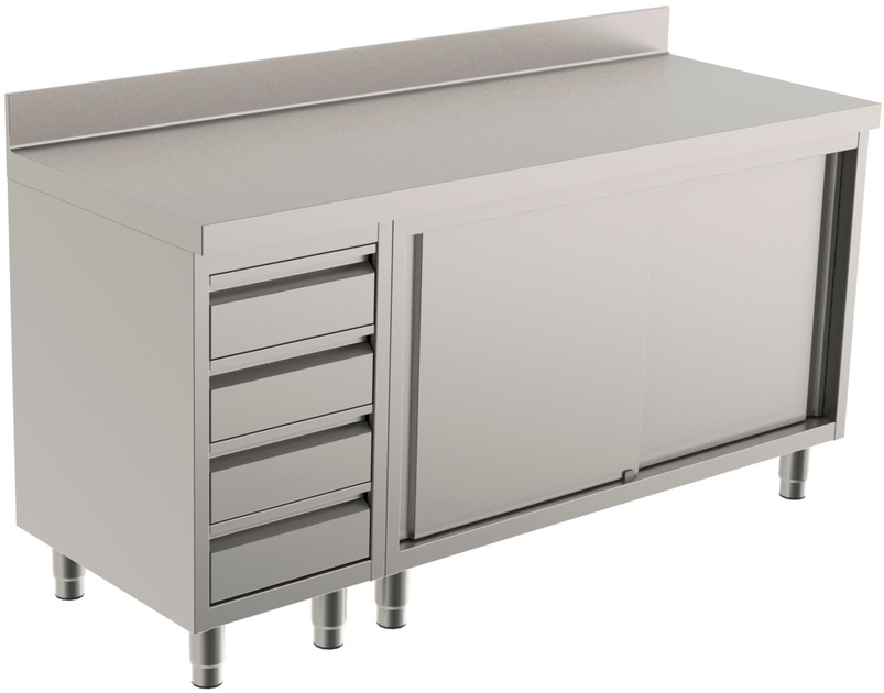 Enclosed workbench with sliding doors and wall protection - B&H Stainless